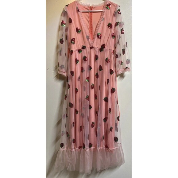 Handmade Regency Era Bridgerton Dress Large Strawberry Sequins Lace Maxi Pink - Picture 1 of 10